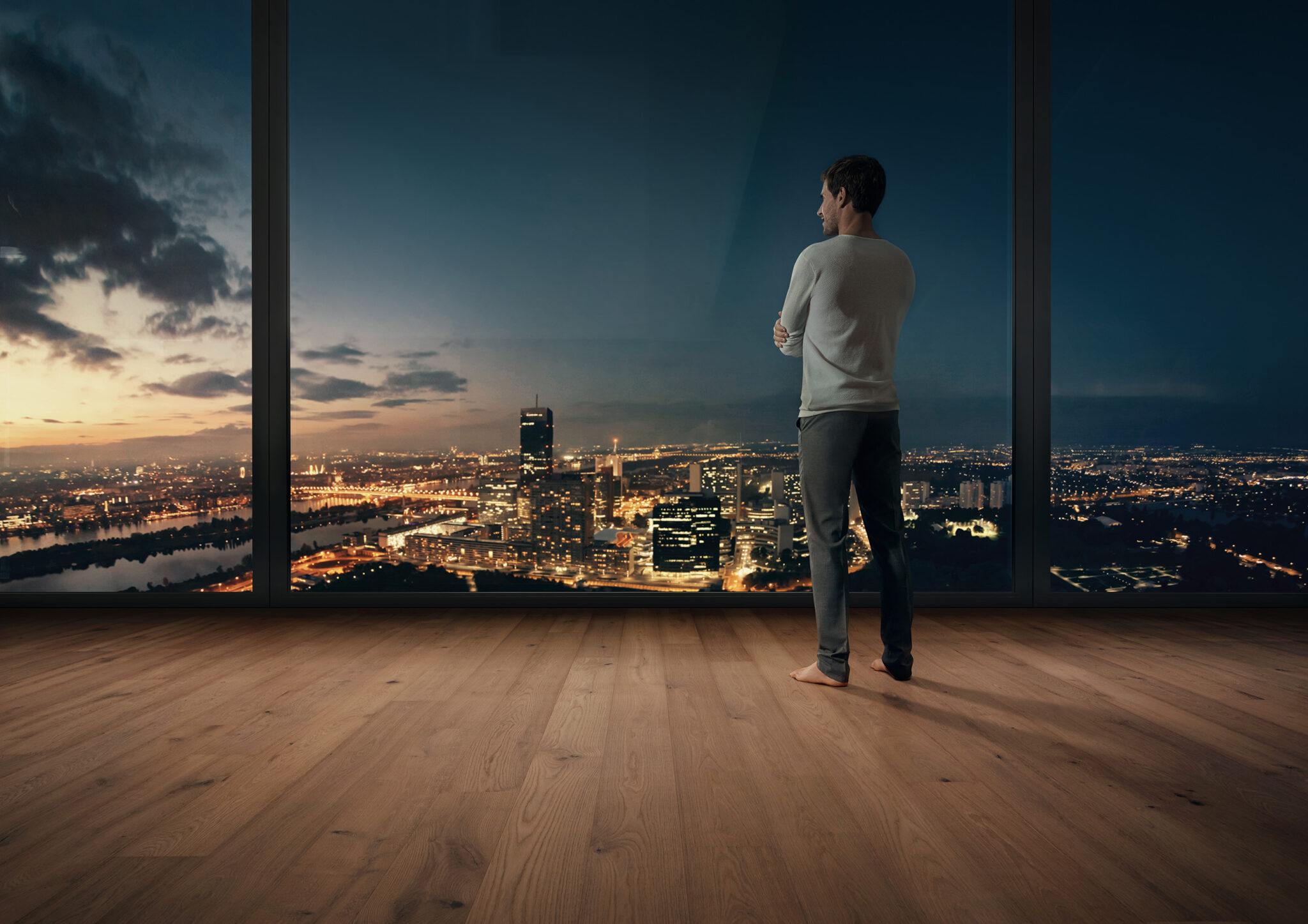 Industriefotograf Wien – Kampagnenmotiv für Tilo Böden mit Blick über das nächtliche Wien